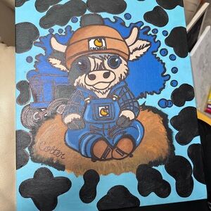 Cute Cow Art Print with Blue and Brown Accents